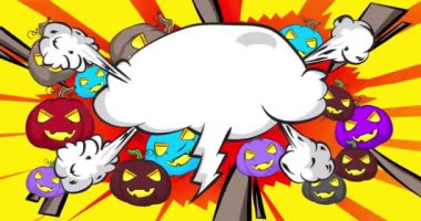 Boş konuşma balonlu birçok Cadılar Bayramı Balkabağı çizgi filmi, çizgi roman Jack O 'Lantern animasyonu. Retro video çizgi roman pop sanat tasarımı.
