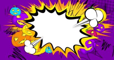 Boş konuşma balonlu birçok Cadılar Bayramı Balkabağı çizgi filmi, çizgi roman Jack O 'Lantern animasyonu. Retro video çizgi roman pop sanat tasarımı.