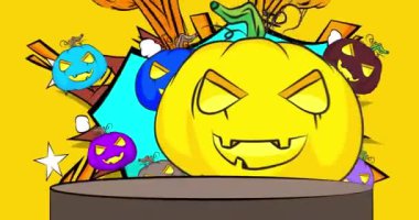 Comic Book Product sahne animasyonu Cadılar Bayramı Jack O 'Lantern ile sunulacak. Retro çizgi roman arkaplan videosu.