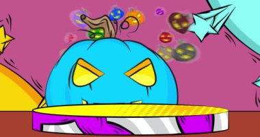 Comic Book Product sahne animasyonu Cadılar Bayramı Jack O 'Lantern ile sunulacak. Retro çizgi roman arkaplan videosu.