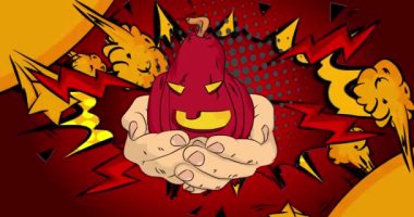 Çizgi roman, çizgi roman insan eli Cadılar Bayramı Jack O 'Lantern Balkabağı. Retro video, çizgi roman pop sanat animasyonu.