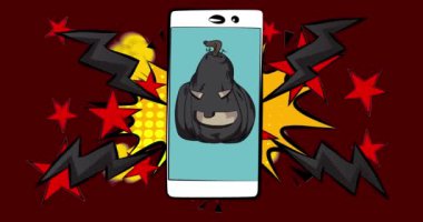 Çizgi roman, çizgi roman, Cadılar Bayramı Jack O 'Lantern Pumpkin' li telefon. Retro animasyon, çizgi roman pop sanat videosu.