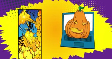 Çizgi film dizüstü bilgisayarı, Cadılar Bayramı Jack O 'Lantern Balkabağı ile çizgi roman defteri. Retro çizgi roman pop sanat animasyonu.