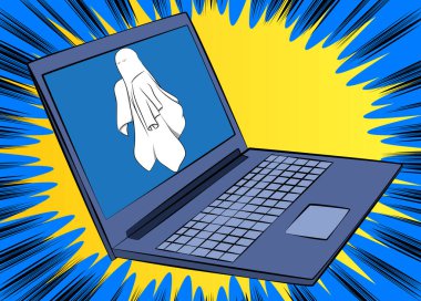 Çizgi dizüstü bilgisayar, Ghost 'la çizgi roman defteri. Retro vektör çizgi romanları pop sanat tasarımı.