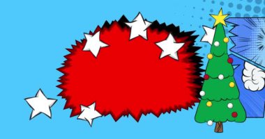 Çizgi film Noel süslenmiş çam ağacı animasyonu, çizgi roman kutlama arka planı videosu. Retro vektör çizgi romanları pop sanatı 