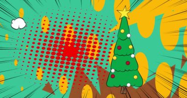 Çizgi film Noel süslenmiş çam ağacı animasyonu, çizgi roman kutlama arka planı videosu. Retro vektör çizgi romanları pop sanatı 
