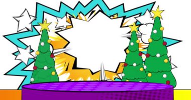 Çizgi roman ürünleri podyum sahne animasyonu Noel süslü çam ağacı sunumu için. Retro çizgi roman arkaplan videosu.