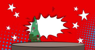 Çizgi roman ürünleri podyum sahne animasyonu Noel süslü çam ağacı sunumu için. Retro çizgi roman arkaplan videosu.
