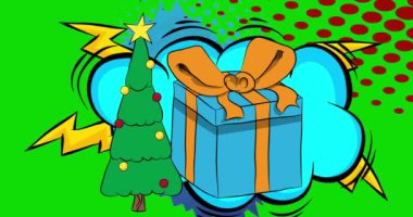 Çizgi film hediye kutusu ve Noel süslenmiş çam ağacı, çizgi roman bayramı kutlaması. video. Retro çizgi roman pop sanat tasarımı animasyonu.