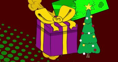 Çizgi film hediye kutusu ve Noel süslenmiş çam ağacı, çizgi roman bayramı kutlaması. video. Retro çizgi roman pop sanat tasarımı animasyonu.