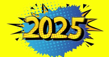 2025 numaralı çizgi film, çizgi roman Yeni Yıl Kutlama videosu. Retro çizgi roman pop sanat tasarımı animasyonu.