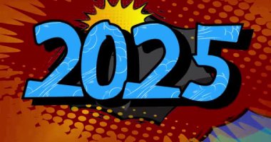 2025 numaralı çizgi film, çizgi roman Yeni Yıl Kutlama videosu. Retro çizgi roman pop sanat tasarımı animasyonu.