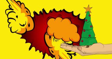 Çizgi roman, çizgi roman insan eli Noel süslenmiş çam ağacı. Retro video, çizgi roman pop sanat animasyonu.