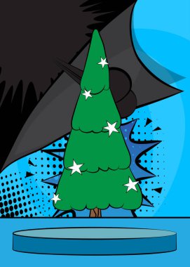 Çizgi roman ürünleri podyumunda Noel süslenmiş çam ağacıyla sunum yapacağız. Retro çizgi roman arkaplanı.