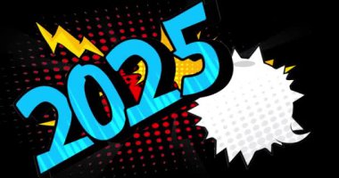 2025 numaralı çizgi film, boş konuşma balonu, çizgi roman kutlama videosu. Retro çizgi roman pop sanat animasyonu.