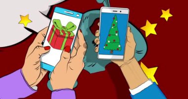Çizgi film Smartphone, Hediye Kutulu Çizgi Roman Telefon ve Noel süslenmiş çam ağacı. Retro animasyon, çizgi roman pop sanat videosu.