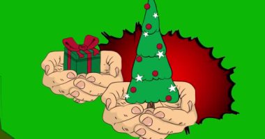 Çizgi roman, çizgi roman insan eli hediye kutusu ve Noel süslenmiş çam ağacı. Retro video, çizgi roman pop sanat animasyonu.