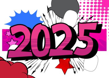 Çizgi roman 2025, çizgi roman posteri. Retro vektör çizgi romanları pop sanat tasarımı.