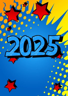 Çizgi roman 2025, çizgi roman posteri. Retro vektör çizgi romanları pop sanat tasarımı.