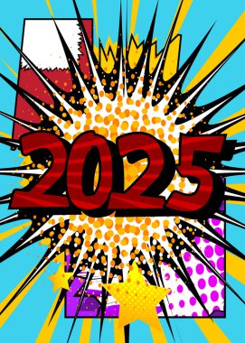 Çizgi roman 2025, çizgi roman posteri. Retro vektör çizgi romanları pop sanat tasarımı.