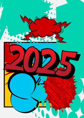 Çizgi roman 2025, çizgi roman posteri. Retro vektör çizgi romanları pop sanat tasarımı.