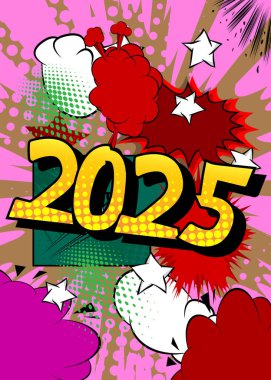 Çizgi roman 2025, çizgi roman posteri. Retro vektör çizgi romanları pop sanat tasarımı.