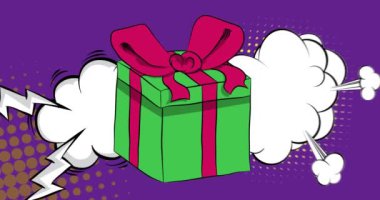 Çizgi roman hediye kutusu, çizgi roman hediye videosu. Retro çizgi roman pop sanat tasarımı animasyonu.