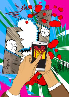 Çizgi film Smartphone, çizgi roman Hediye Kutusu Retro vektör çizgi romanlı telefon pop sanat tasarımı.