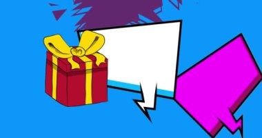 Çizgi roman hediye kutusu, boş konuşma balonu, çizgi roman sürpriz videosu. Retro çizgi roman pop sanat animasyonu.