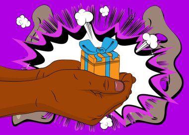 Çizgi roman, çizgi roman insan eli hediye kutusu vektör çizgi romanı pop sanat tasarımı..