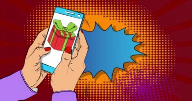 Çizgi film Smartphone, çizgi roman Hediye Kutulu Telefon, sürpriz hediye. Retro animasyon, çizgi roman pop sanat videosu.