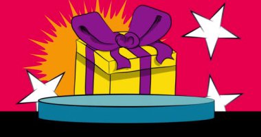 Comic Book Product sahne animasyonu Hediye Kutusu ile sunum için, sürpriz hediye. Retro çizgi roman arkaplan videosu.