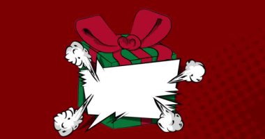 Çizgi film hediye kutusu ve Noel süslenmiş çam ağacı. Boş konuşma balonu, çizgi roman tatil geçmişi. Retro vektör çizgi romanları pop sanat tasarımı.