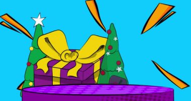 Hediye Kutusu ve Noel süslü çam ağacıyla sunum için Comic Book Product sahne animasyonu. Retro çizgi roman arkaplan videosu.