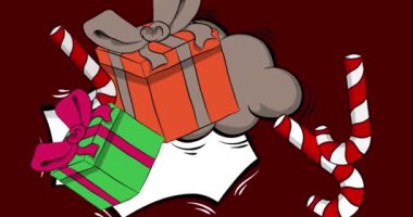 Çizgi roman hediye kutusu ve şeker bastonu, çizgi roman tatil videosu. Retro çizgi roman pop sanat tasarımı animasyonu.