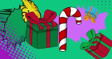 Çizgi roman hediye kutusu ve şeker bastonu, çizgi roman tatil videosu. Retro çizgi roman pop sanat tasarımı animasyonu.