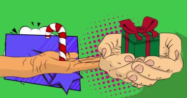 Çizgi roman, çizgi roman insan eli hediye kutusu ve şeker kamışı. Retro video, çizgi roman pop sanat animasyonu.