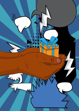 Çizgi film, çizgi roman insan eli hediye kutusu. Retro vektör çizgi romanları pop sanat tasarımı.