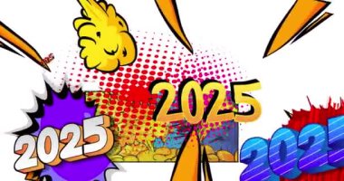 2025 numaralı çizgi film, çizgi roman Yeni Yıl Kutlama arka plan videosu. Retro çizgi roman pop sanat tasarımı animasyonu.