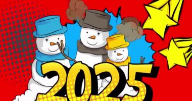 2025 numaralı çizgi film ve kardan adam, kış sezonu çizgi romanı. Retro vektör çizgi romanları pop sanat tasarımı.