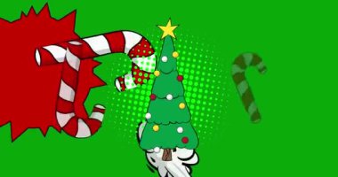 Çizgi film Noel ağacı ve şeker kamışı, çizgi roman tatil videosu. Retro çizgi roman pop sanat tasarımı animasyonu.