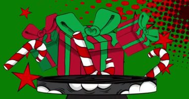 Comic Book Product sahne animasyonu. Hediye Kutusu ve Şeker Çubuğu ile sunum için. Retro çizgi roman arkaplan videosu.