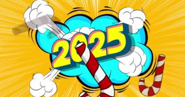 Çizgi roman Candy bastonu ve 2025 numara, çizgi roman tatil videosu. Retro çizgi roman pop sanat tasarımı animasyonu.