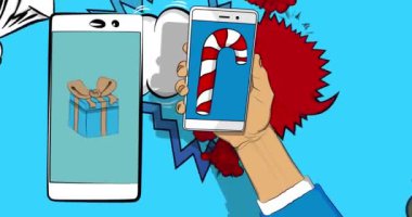 Çizgi film, akıllı telefon, çizgi roman, hediye kutusu ve şeker kamışlı telefon. Retro animasyon, çizgi roman pop sanat videosu.