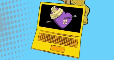 Çizgi film dizüstü bilgisayarı, kırık kalpli çizgi roman defteri. Retro çizgi roman pop sanat animasyonu.