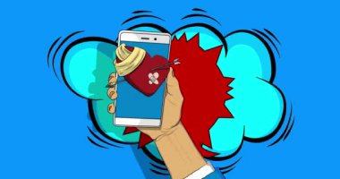 Çizgi film Smartphone, Kırık Kalple Çizgi Roman Telefon. Retro animasyon, çizgi roman pop sanat videosu.