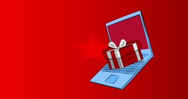 Çizgi dizüstü bilgisayar, Sevgililer Günü hediye kutulu çizgi roman defteri. Retro çizgi roman pop sanat animasyonu.