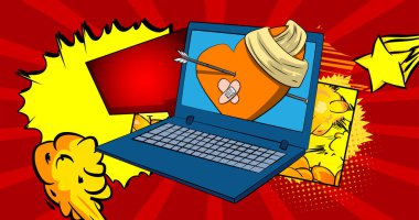 Çizgi film dizüstü bilgisayarı, kırık kalpli çizgi roman defteri. Retro vektör çizgi romanları pop sanat tasarımı.