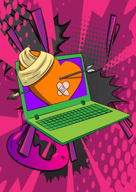 Çizgi film dizüstü bilgisayarı, kırık kalpli çizgi roman defteri. Retro vektör çizgi romanları pop sanat tasarımı.