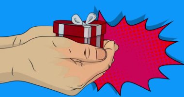 Çizgi film, çizgi roman insan eli sevgililer günü hediye kutusunu tutuyor. Retro video, çizgi roman pop sanat animasyonu.